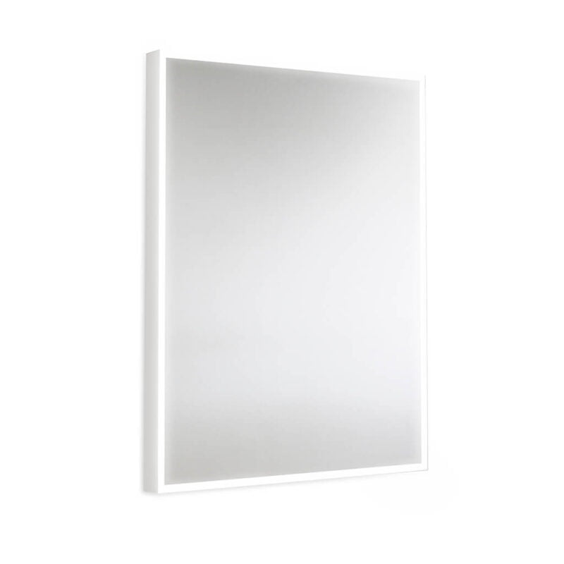 Suorakulmainen, minimalistinen valopeili. LED-valopaneeli ympäröi peiliä kehyksen lailla ja valaisee suoraan eteenpäin.